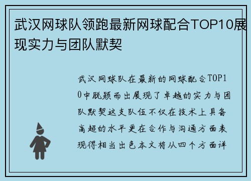 武汉网球队领跑最新网球配合TOP10展现实力与团队默契